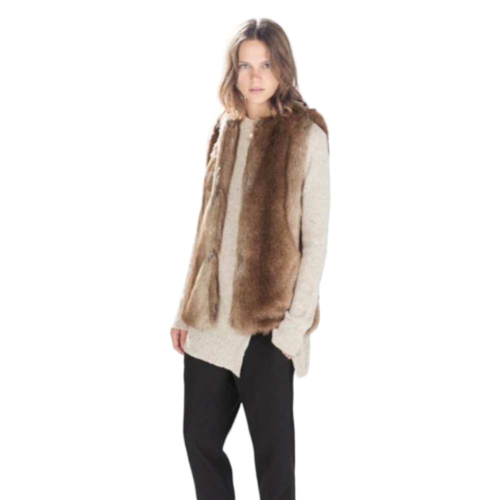 ZARA Warm Wear TRF Women's Vest Faux Fur Brown Grey Layering Sleeveless Medium